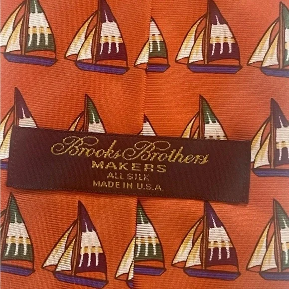 Brooks’s Brothers Men’s  All Silk Tie Orange With Sailboats - Picture 3 of 3